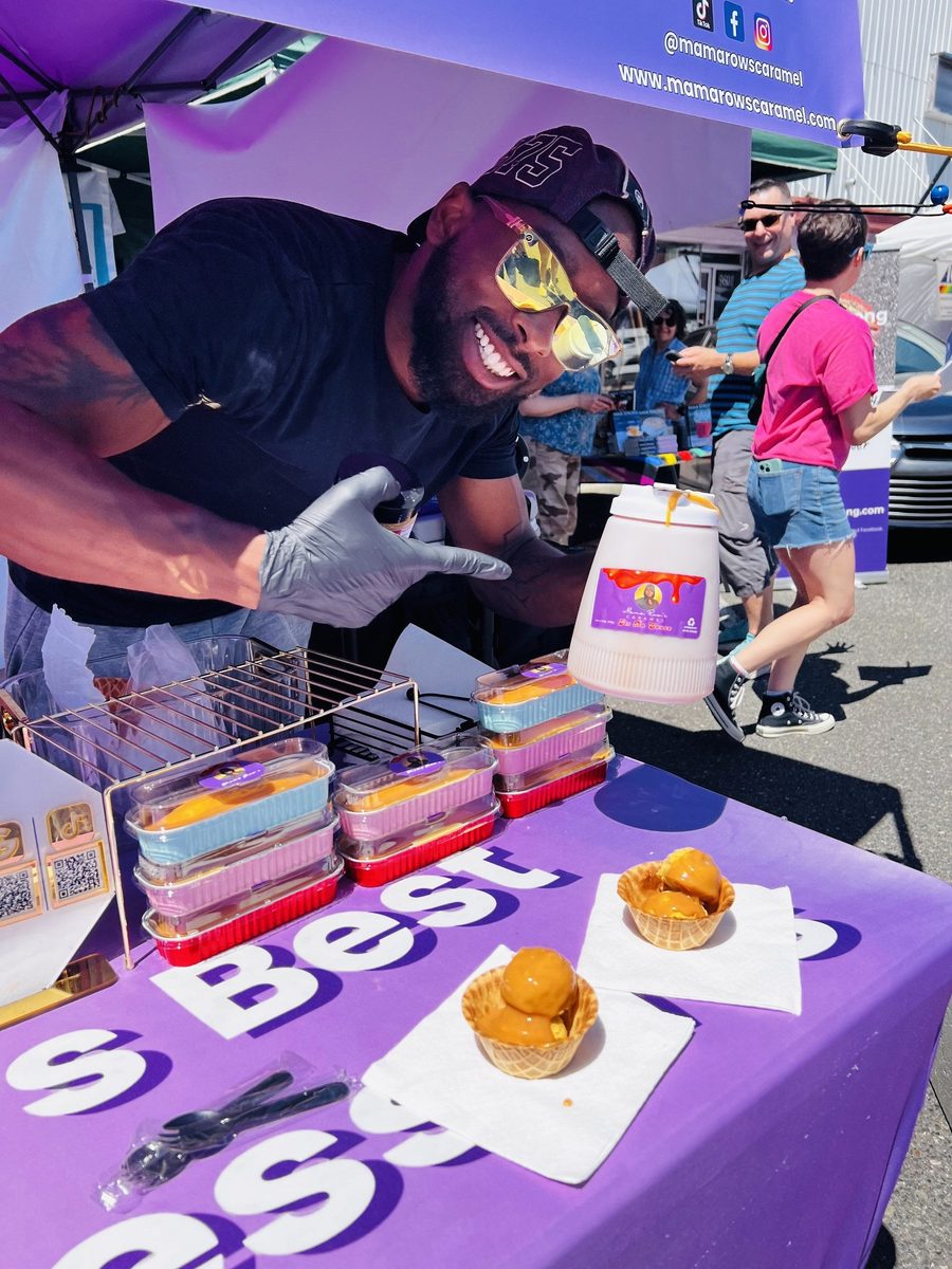 Jonathan Hudson serving caramel at a Mama Row’s pop-up