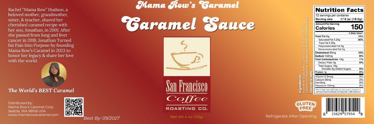 Custom caramel label for San Francisco Coffee Roasting Co.